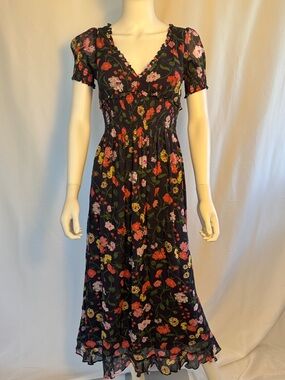 Hill House Black Floral Maxi Dress with V-Neck and Smocked Waist